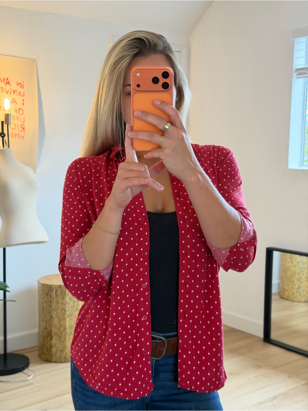 Uniqlo Red White Polka Dot Rayon Button-Up Shirt Medium